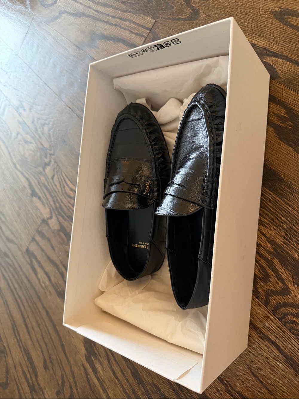 Saint Laurent Black Leather Penny Loafers with Gold Monogram - Picture 8 of 9